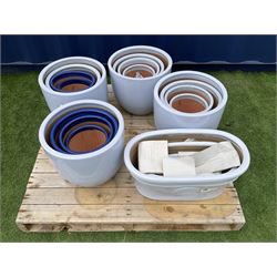 Quantity of light and dark blue glazed garden planters in various sizes and shapes, 19 in total  - THIS LOT IS TO BE COLLECTED BY APPOINTMENT FROM DUGGLEBY STORAGE, GREAT HILL, EASTFIELD, SCARBOROUGH, YO11 3TX