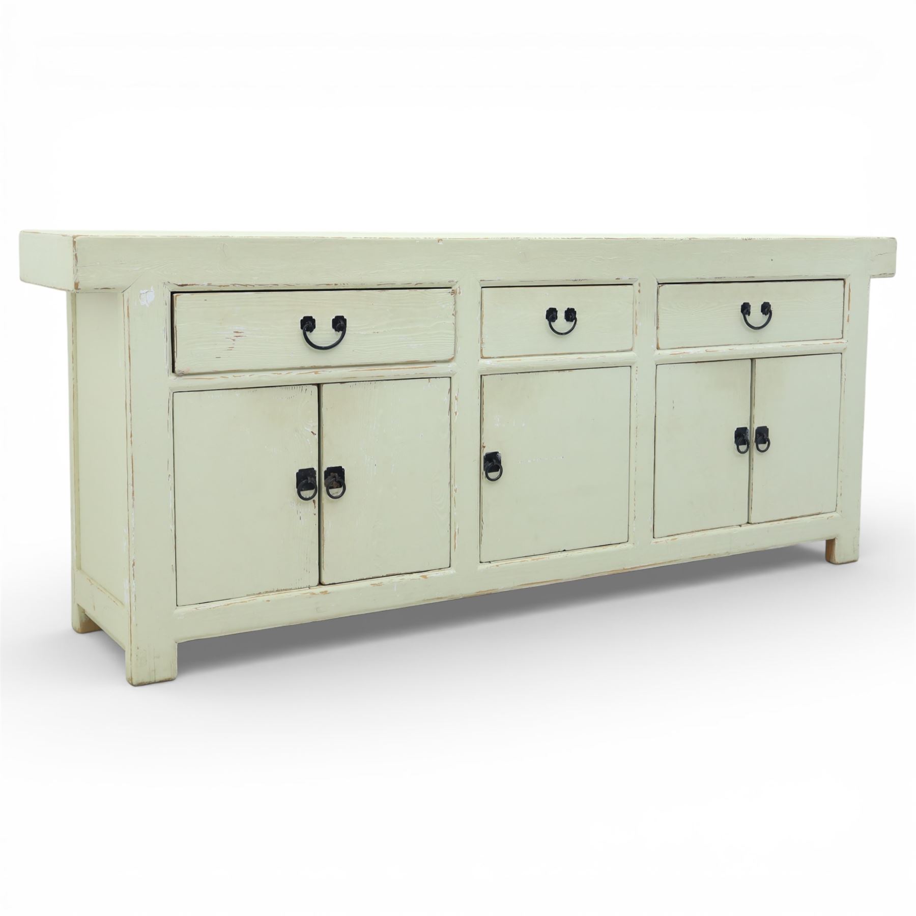 Large painted pine dresser sideboard, fitted with three drawers and five cupboards