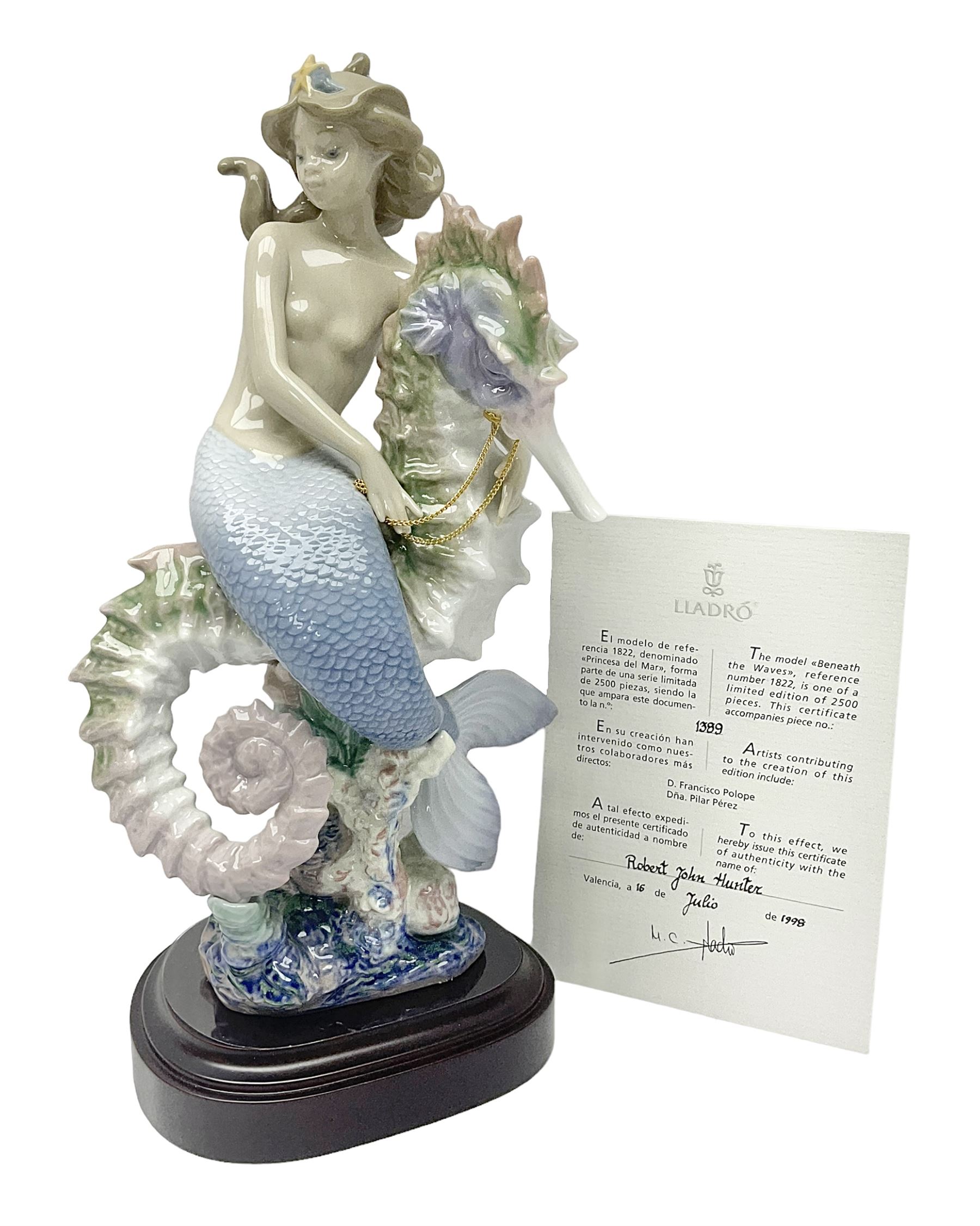 Lladro figure, Beneath the Waves, modelled as a mermaid and seahorse upon a wooden plinth, no 1822, limited edition 1389/2500, with certificate and original box, H32cm 