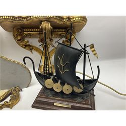 Five various giltwood and other hall brackets, one with marble top; and Viking ship table lamp
