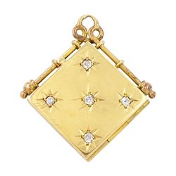 Early 20th century 18ct gold diamond square locket pendant, gypsy set with five old cut di...