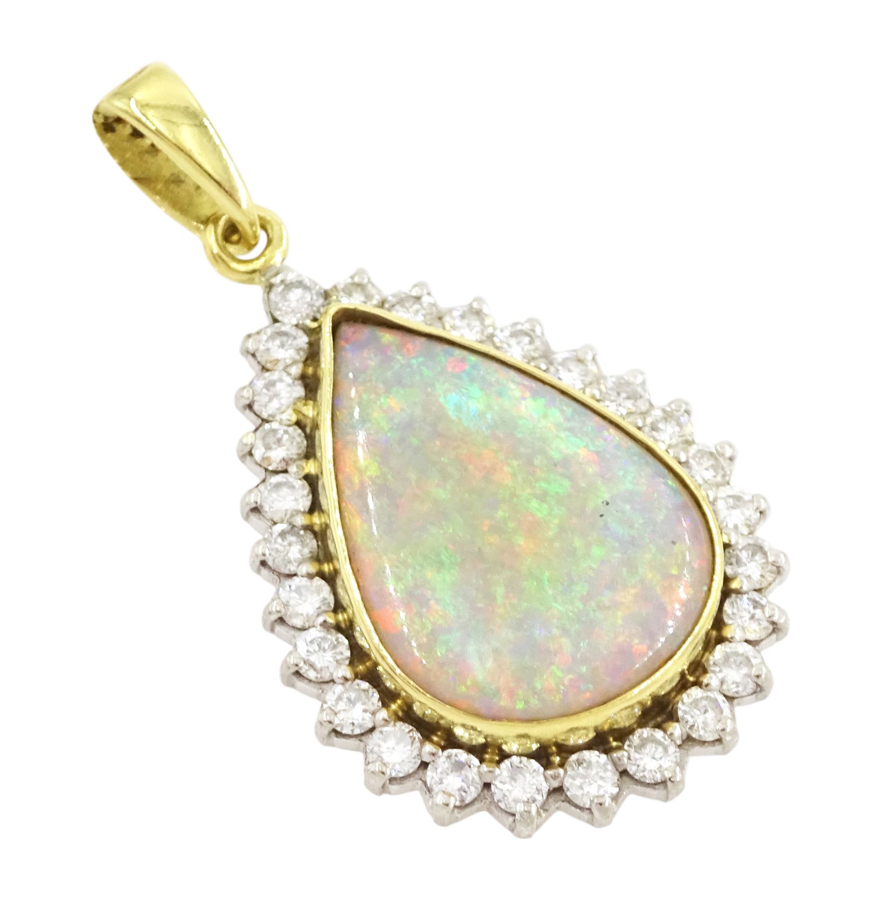 18ct gold pear cut opal and round brilliant cut diamond pendant, Sheffield 1992, opal approx 3.00 carat, total diamond weight approx 0.80 carat