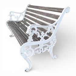 Cast iron and wood slatted garden bench in a white finish