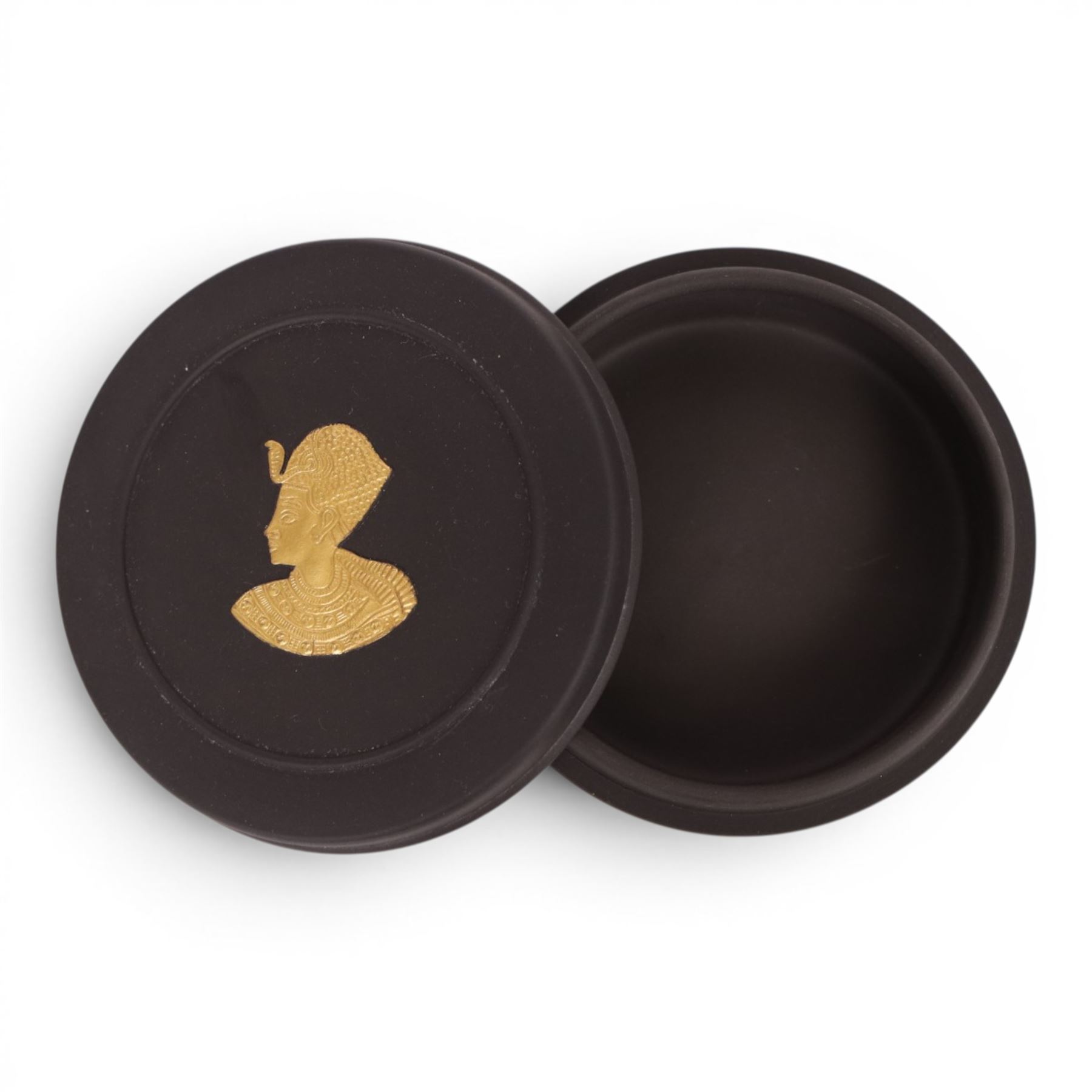Wedgwood black basalt Egyptian collection, circa 1978 trinket box with Tutankhamun to the lid, with impressed marks beneath, H4cm, D11cm  
