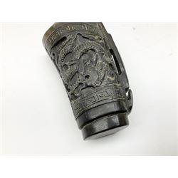 Chinese horn blood collection cup, carved with dragons and key fret border, H9.5cm