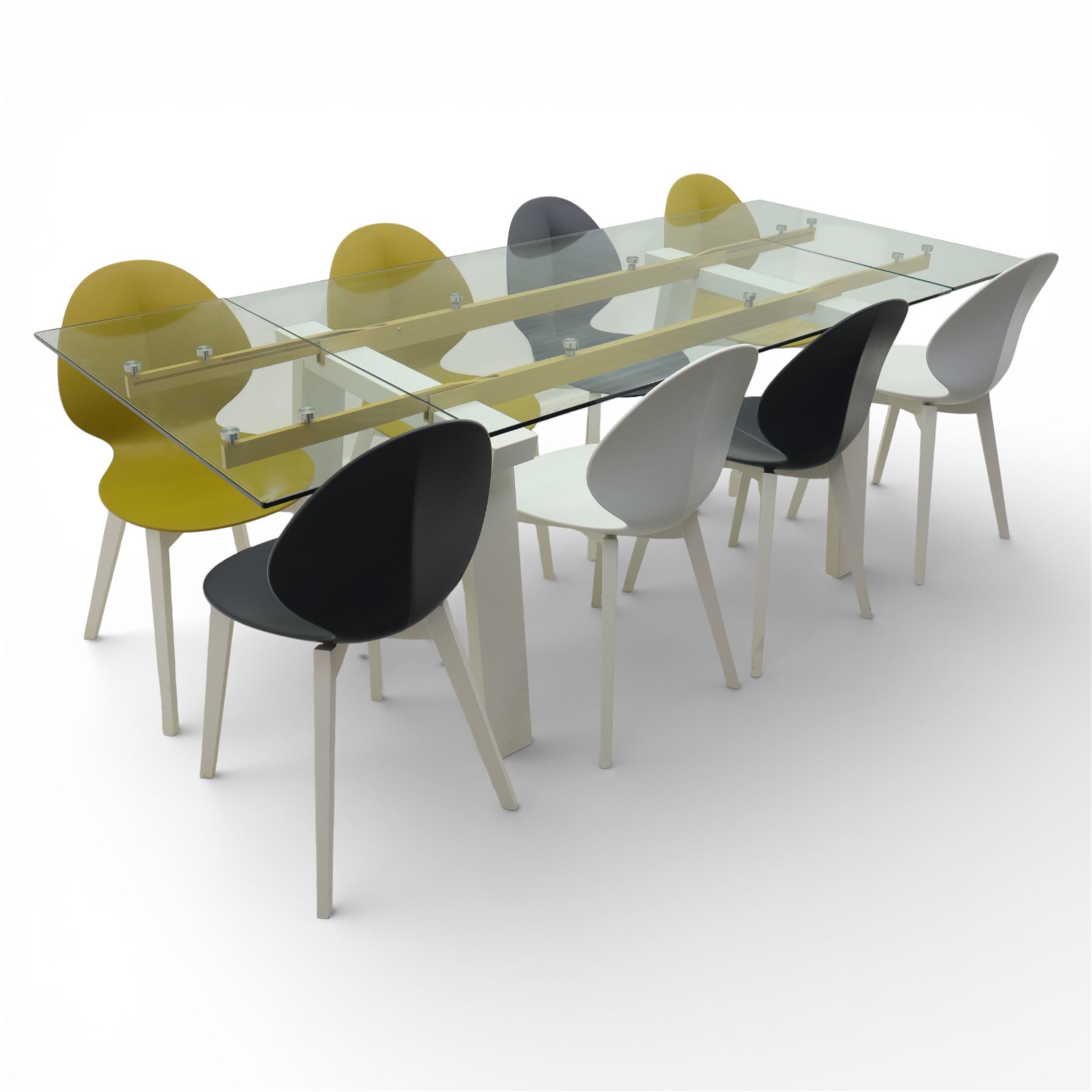 Calligaris - Connubia dining suite, comprising a 'Zeffiro' glass extending dining table and eight 'Academy' chairs, rectangular clear glass top with twin extension leaves extending to 220cm, mounted on white and ochre metal supports with central stretcher, together with eight matching moulded dining chairs with shaped seats and tapered legs