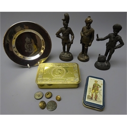  WWl Princess Mary brass Christmas tin, silver plated bottle coaster engraved with Northumberland Hussars Boer War crest, three bronzed resin figures of soldiers and a small modern tin of military buttons  