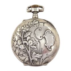 Manis gentleman's 9ct gold manual wind wristwatch, hallmarked, on tan leather strap and a silver cylinder ladies fob pocket watch, the case with embossed floral decoration