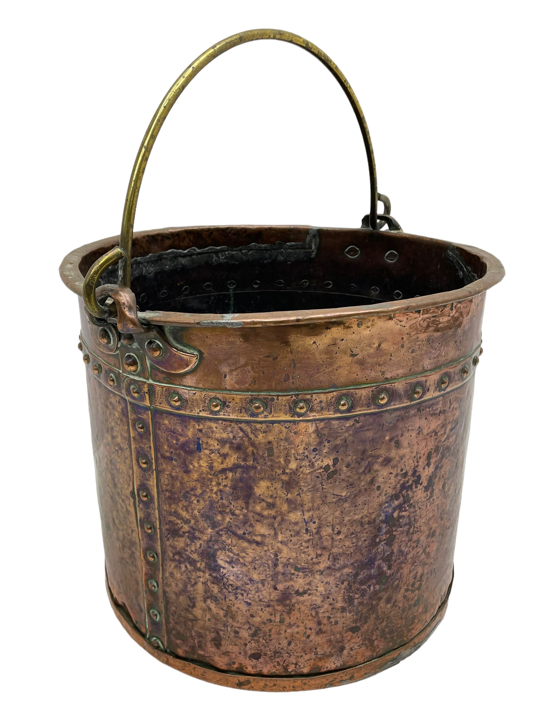 19th century riveted copper and brass mounted coal bucket of cylindrical form 
