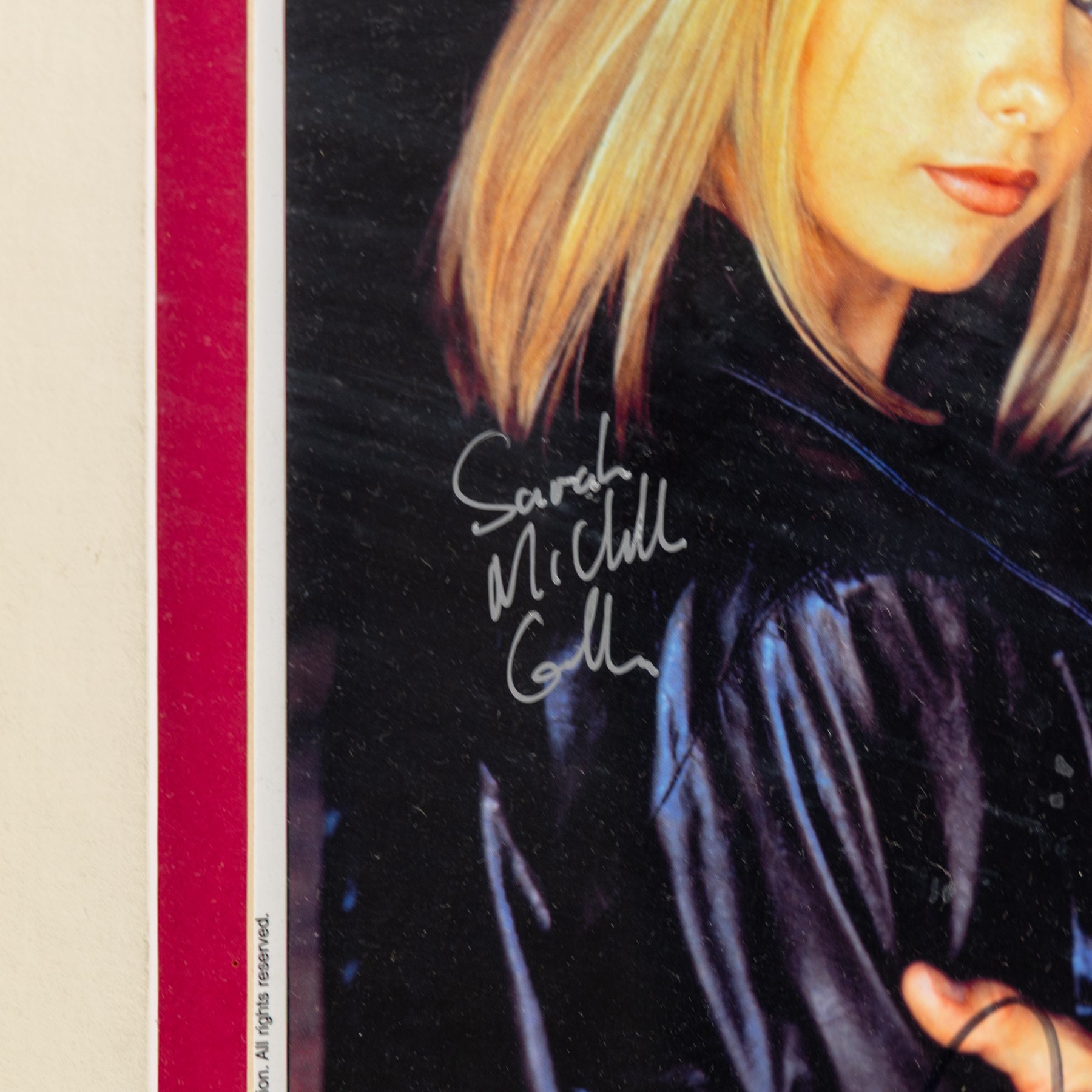 Signed Buffy the Vampire Slayer montage, comprising limited edition print signed by artist Julie Bell to the centre bordered by signed cast photographs to include Sarah Michelle Gellar, Anthony Head, Alyson Hannigan, David Boreanaz, James Marsters and Juliet Landau, in large presentation frame, frame H109cm, W126cm
