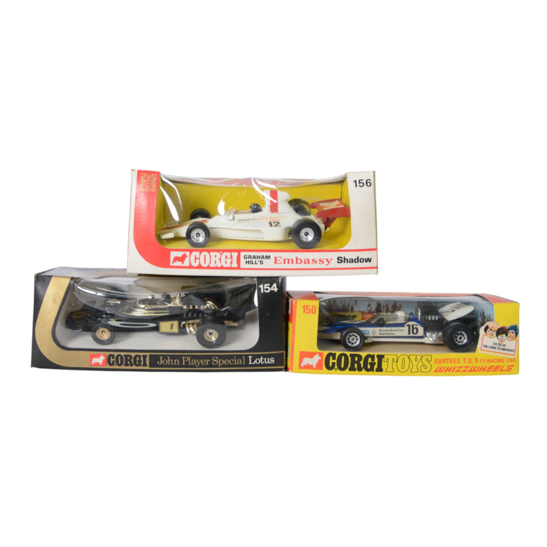 Eleven Corgi diecast Formula 1 models, comprising 152 Ferrari 312 B2, 161 Elf Tyrell Project 34, 158 Ef Tyrell Ford, 151 Whizzwheels Yardley McLaren M19A, 154 John Player Special Lotus, 156 Graham Hill's Embassy Shadow, 153 Whizzwheels TS9B Team Surtees, 155 UOP Shadow, 159 Patrick Eagle Indianapolis, 160 Hesketh 308 and 150 Whizzwheels Surtees TS9
