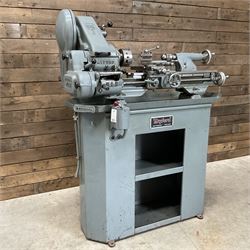 Myford Super 7 metal turning lathe with extensive collection of attachments, chucks, collets, bits; and precision metal saw