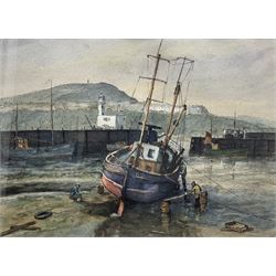 James W Hardy (British 20th century): Cleaning a Trawler in Scarborough Harbour, watercolour signed 31cm x 43cm