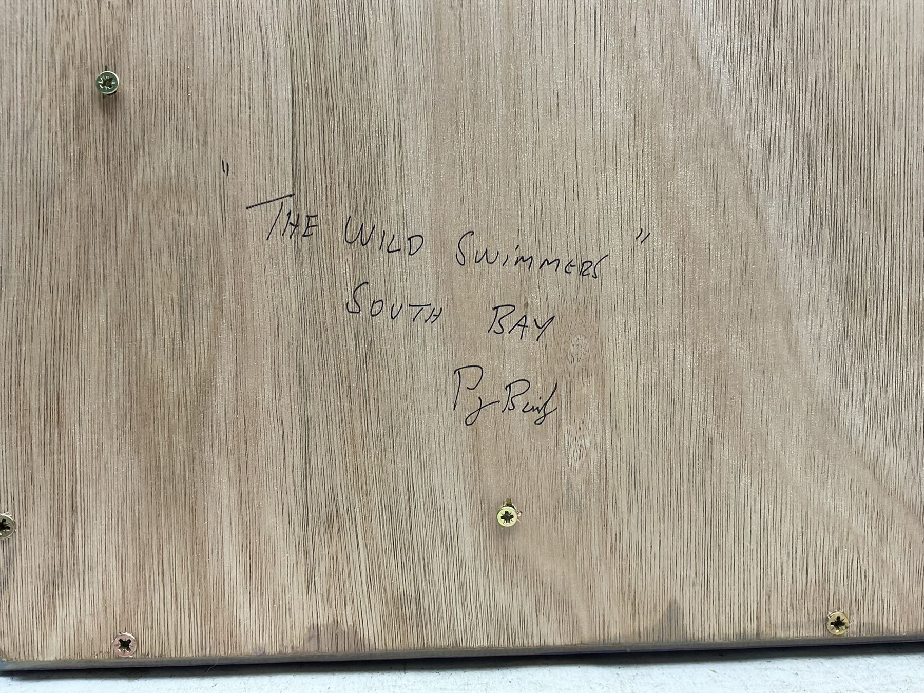 Peter J Bailey (British 1951-): 'The Wild Swimmers' - South Bay Scarborough, oil on canvas signed, titled verso 81cm x 102cm