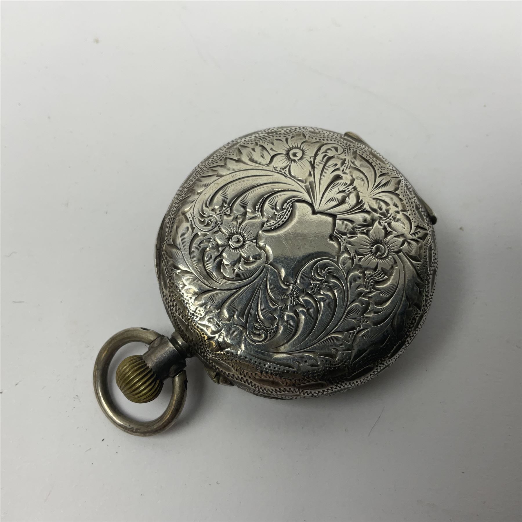 9ct gold pear butterfly brooch, 9ct gold stone set ring and an silver fob watch, all stamped or hallmarked 