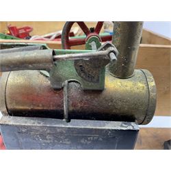 Mamod small stationary steam plant with circular saw bench and grinder mounted on long wooden board L107cm; and quantity of predominantly red/green Meccano in wooden box with die-cast models etc