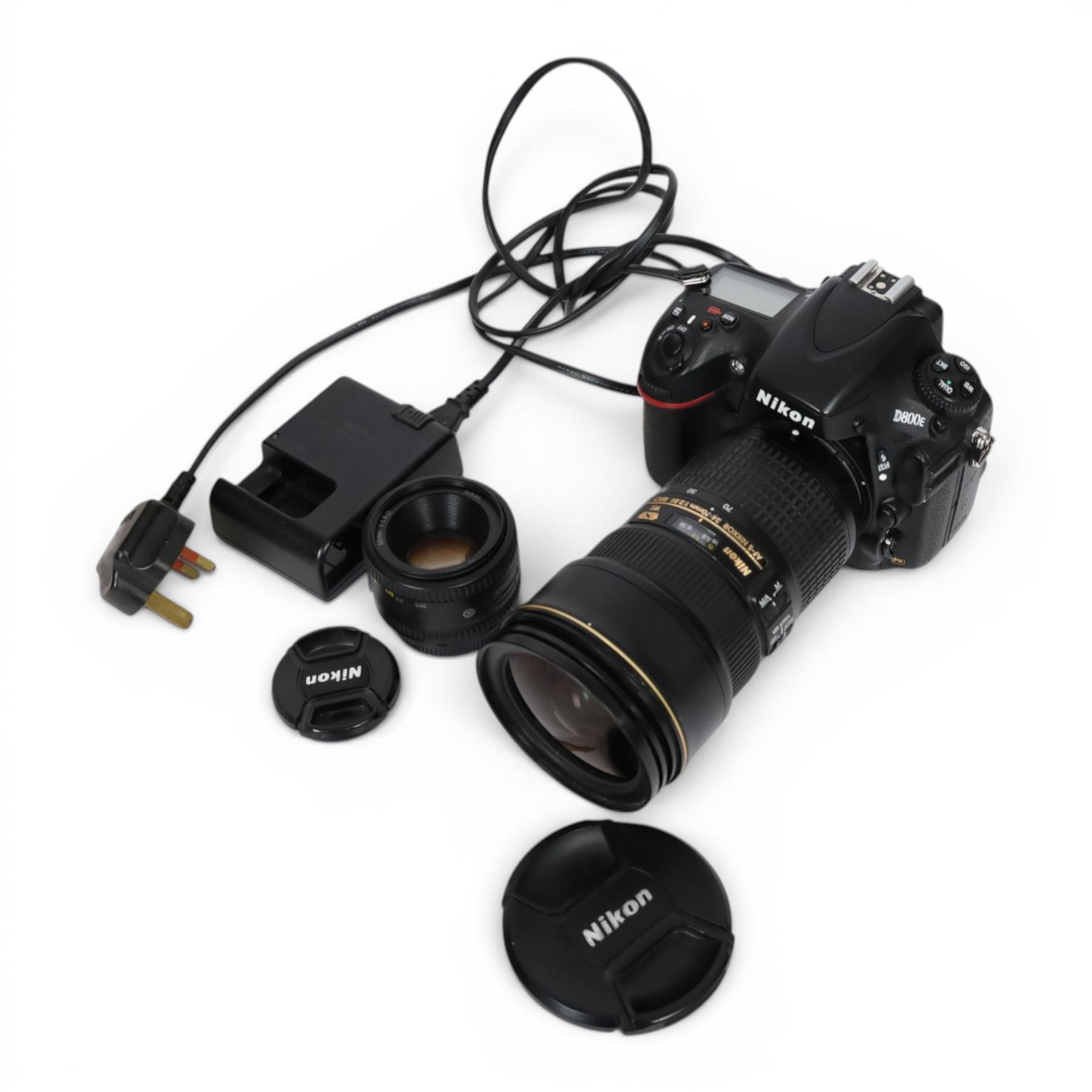 Nikon D800E camera body serial no. 6018204, with AF-S Nikon Nikkor 24-70mm 1:2.8E ED lens and battery charger, together with a Nikon AF Nikkor 50mm 1:1.8D lens