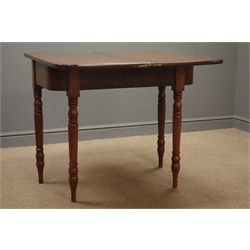  19th century mahogany folding tea table, turned supports, W94cm, H79cm, D90cm  