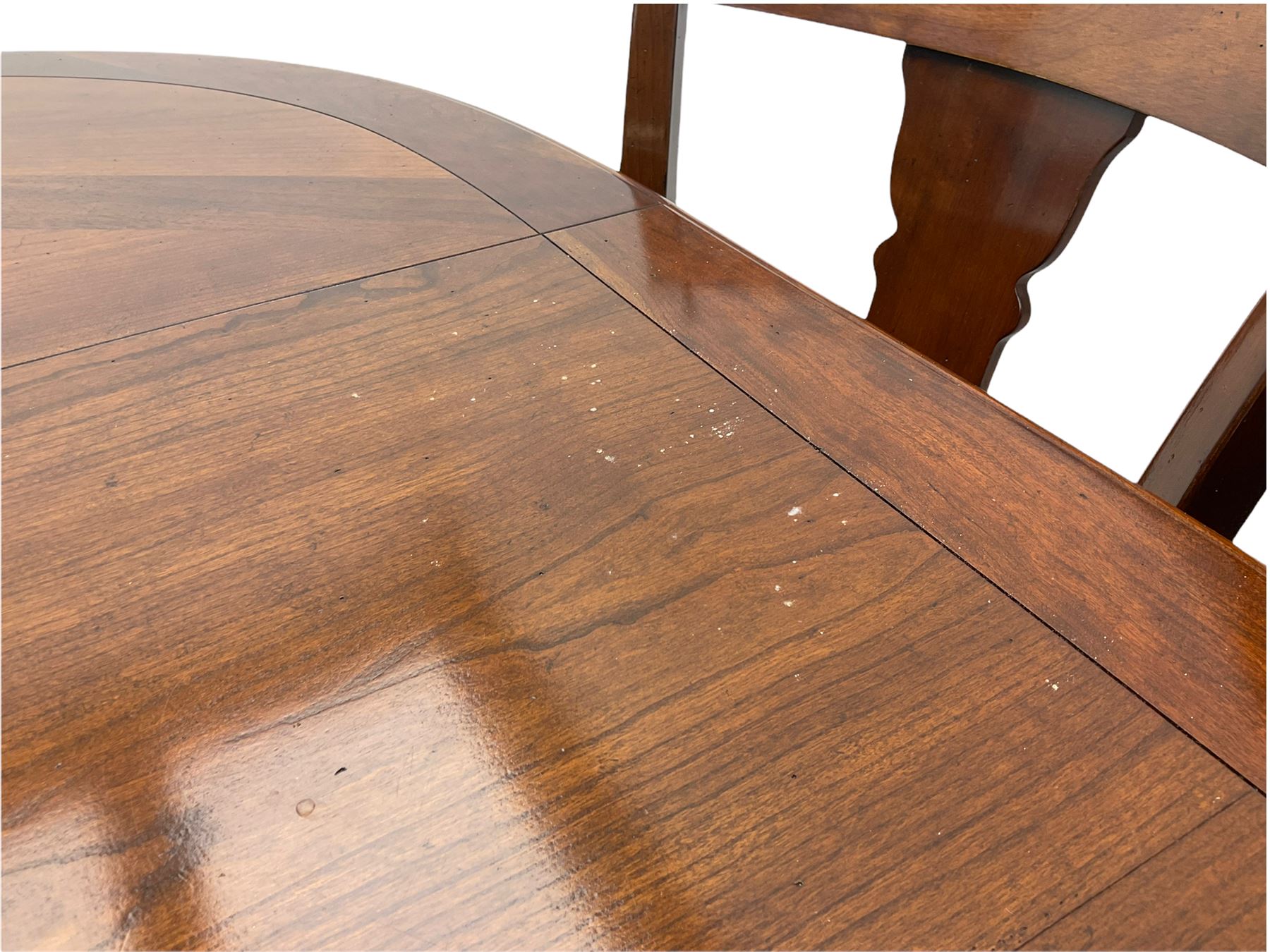 Grange Furniture - cherry wood finish oval extending dining table on square tapering supports, and a set of eight dining chairs with curved backs and upholstered seats 