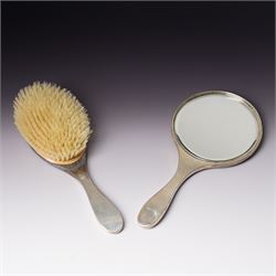 Silver backed brush and hand mirror inset with painted Royal Worcester panels by James Stinton with pheasants in a woodland clearing Birmingham 1929 Maker Sanders and Mackenzie