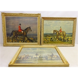  After Sir Alfred Munnings (British 1878-1959): 'Portrait of Major T. Bouch with the Belvoir Hounds', pub. Frost & Reed 1958, 'Why Weren't you out Yesterday' and Stanley Barker and the Pytchley Hounds', three colour prints max 54cm x 63cm (3)  