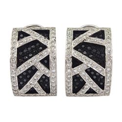 Pair of white and black gold round brilliant cut black and white diamond, abstract design half hoop stud earrings