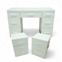Contemporary white and glass twin pedestal dressing table and two matching bedside chests,...