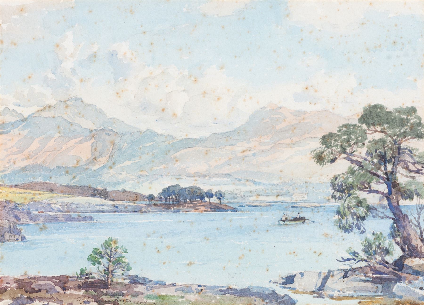 Samuel John 'Lamorna' Birch (Newlyn School 1869-1955): Boating on Loch Maree, two watercolours signed and dated 1949, indistinctly titled verso 25cm x 34cm (2)