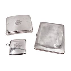 1920s silver cigarette case, of rectangular form with engraved monogram to cover, hallmarked John Henry Wynn, Birmingham 1929, together with a 1930s silver cigarette case, of rectangular form, with engine turned decoration and monogram to front cover, hallmarked Smith & Bartlam, Birmingham 1936, and an Edwardian silver vesta case, with engraved monogram, hallmarked William Neale, Birmingham 1908, largest H11.5cm