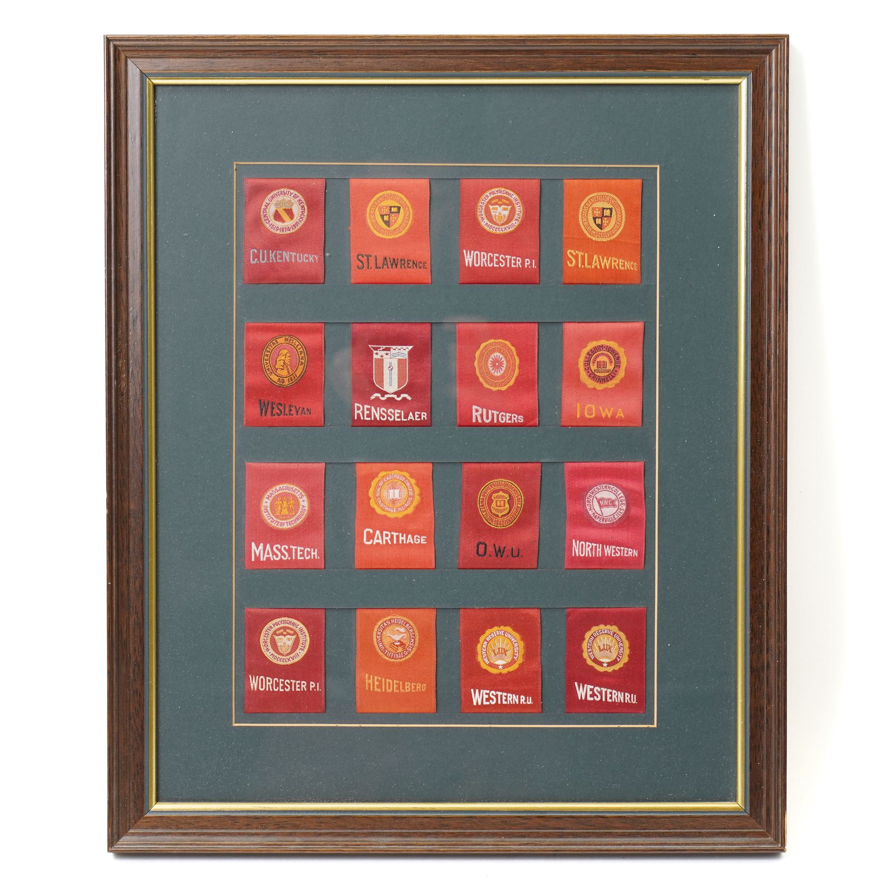 Set of sixty American University cigarette silks in four frames
