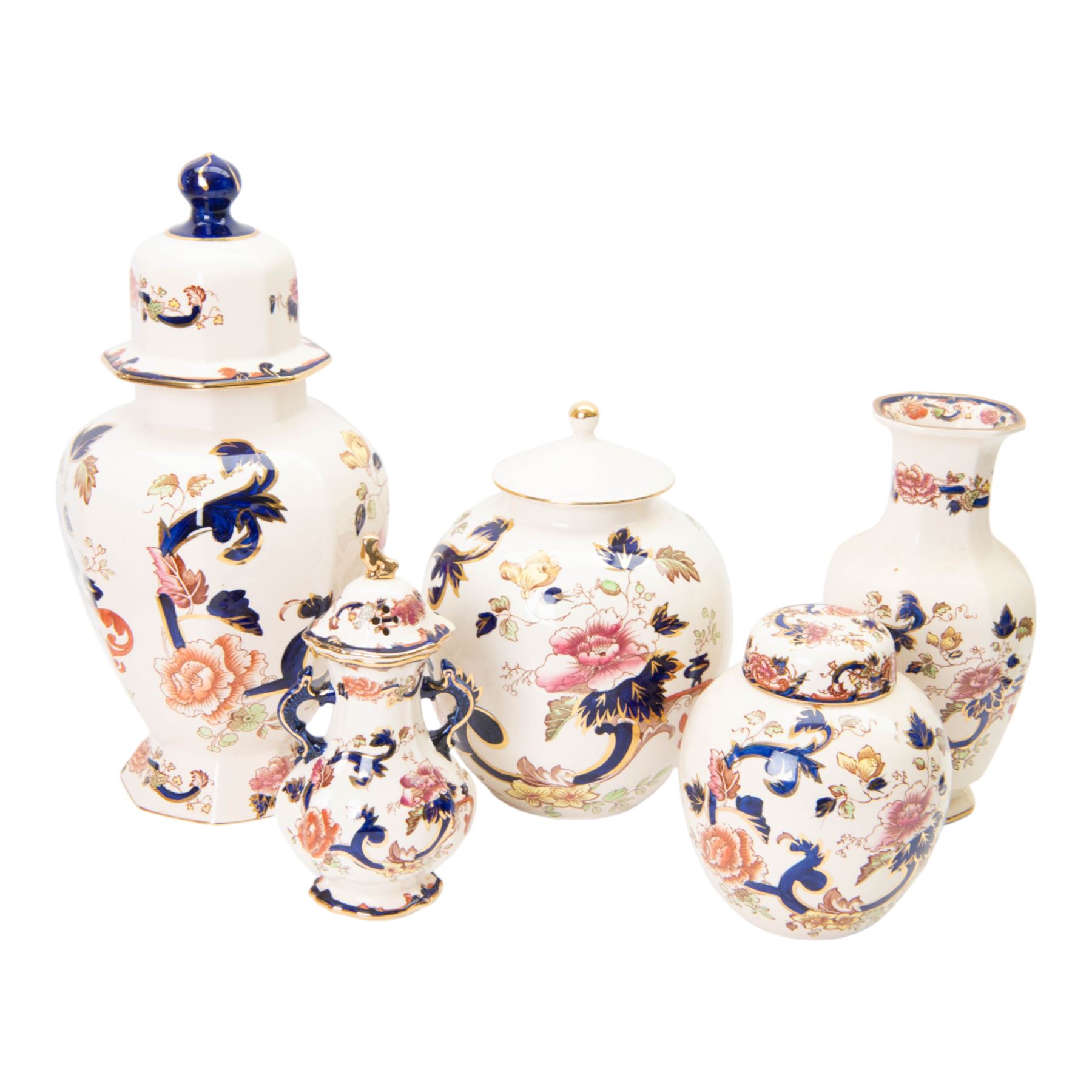 Collection of Mason ‘Mandalay’ pattern ceramics, to include vase and cover, two clocks, candle sticks, wall vases, ginger jar etc 