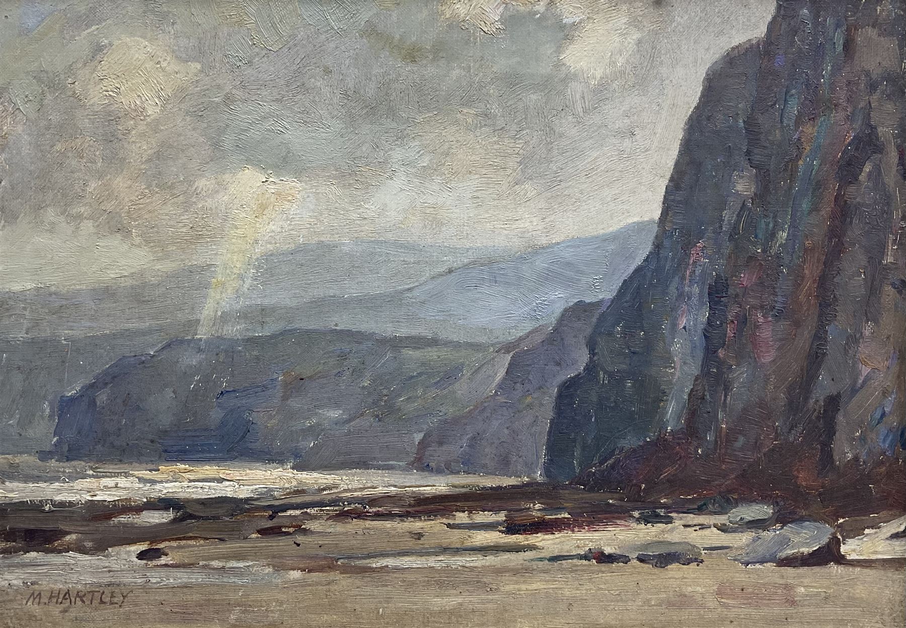 Marie Hartley (Yorkshire 1905-2006): 'Cliffs near Robin Hood's Bay', oil on canvas signed, titled on printed label verso 25cm x 35cm