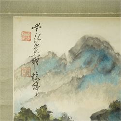 Circle of Aixinjueluo Yuting (Chinese 1952-): Waterfall Landscape and Mountainous Waterfall Landscape with Pagoda, pair watercolours on scroll backing indistinctly signed with artist's seals 89cm x 44cm (2)