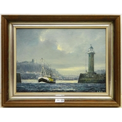 Jack Rigg (British 1927-): Grimsby Trawler Leaving Whitby Harbour, oil on board signed and dated 1980, 28cm x 39cm



