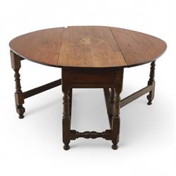 Early 19th century oak drop-leaf gateleg table, oval top above plain frieze, on ring turned legs joined by stretchers