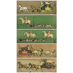 After Cecil Aldin (British 1870-1935): 'The Huntsman', 'The Whip', 'The Glasgow Coach', 'The Liverpool Coach' and 'The Eton Coach', set five chromolithographs 27cm x 70cm (5)