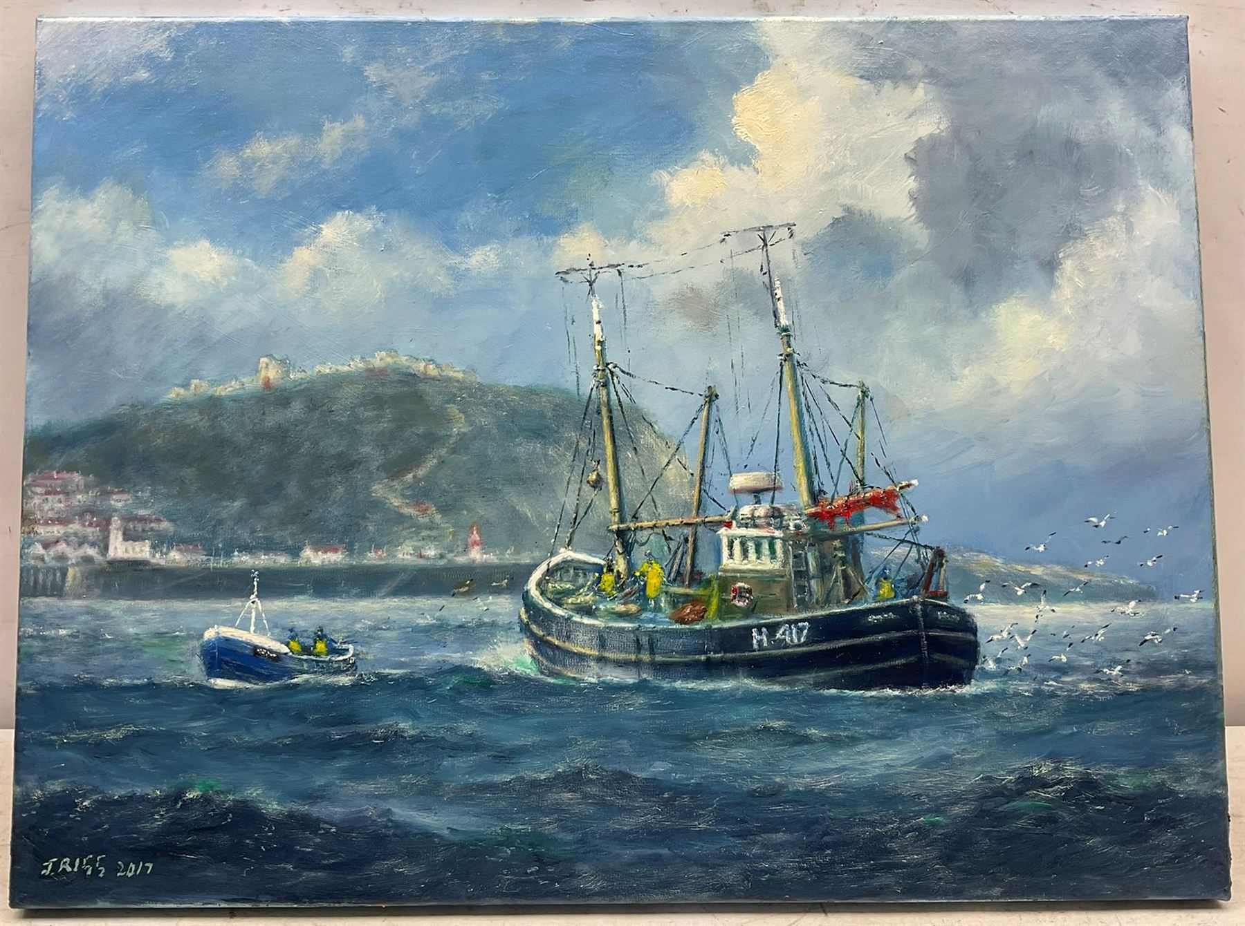 Jack Rigg (British 1927-): Hull Trawler off Scarborough, oil on canvas signed and dated 2017, 46cm x 61cm (unframed) 
Notes: one of the final paintings done by Rigg before he retired from painting.