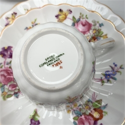 A Copeland Spode tea set, comprising six teacups, six saucers, six side plates, an open sucrier, milk jug, and sandwich plate, each decorated with floral sprays. 