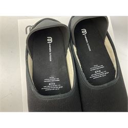 Two pairs of Mahabis slippers, comprising Mahabis classic navy slippers size EU38 and Mahabis outdoor black slippers EU47, both new in box