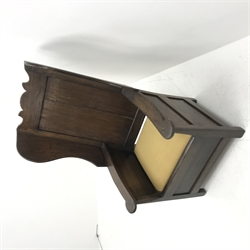 18th century Yorkshire Dales oak lambing chair, shaped cresting rail above panelled wing back, panelled sides and front, drop in upholstered seat cushion, W65cm, H111cm, D80cm