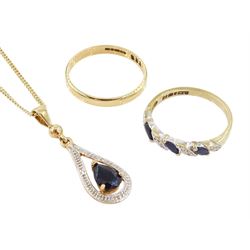 9ct gold jewellery including sapphire and diamond chip pendant necklace, sapphire and diamond chip ring and a wedding band