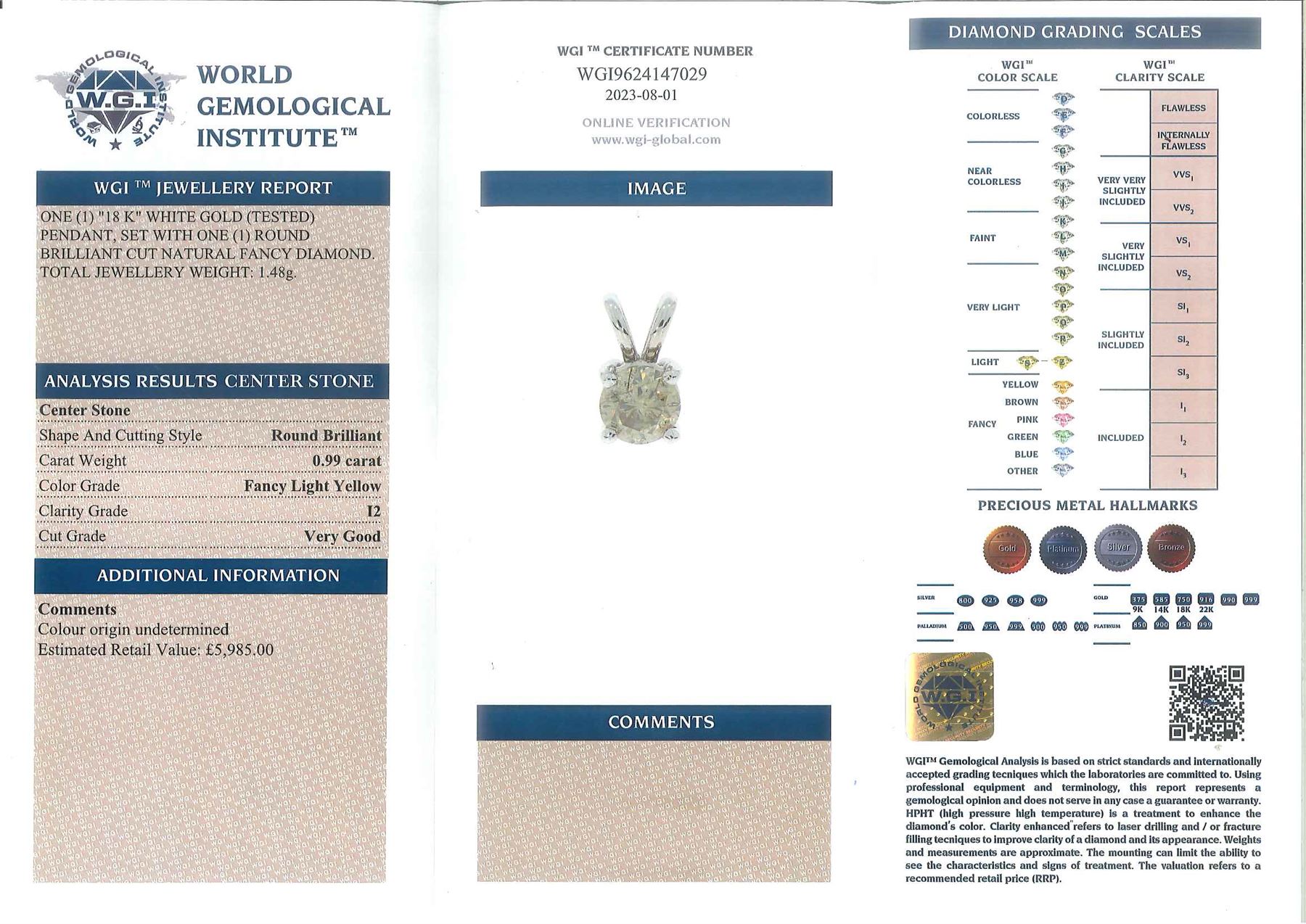 18ct white gold single stone round brilliant cut diamond pendant, hallmarked, diamond 0.98 carat, with World Gemological Institute report