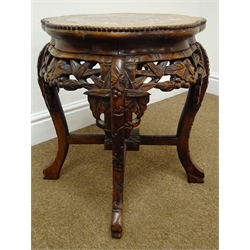  Pair early 20th century Chinese hardwood jardiniere stands, shaped circular tops with inset rouge marble panels, pierced frieze with angular curved supports joined by stretchers, D41cm, H49cm  