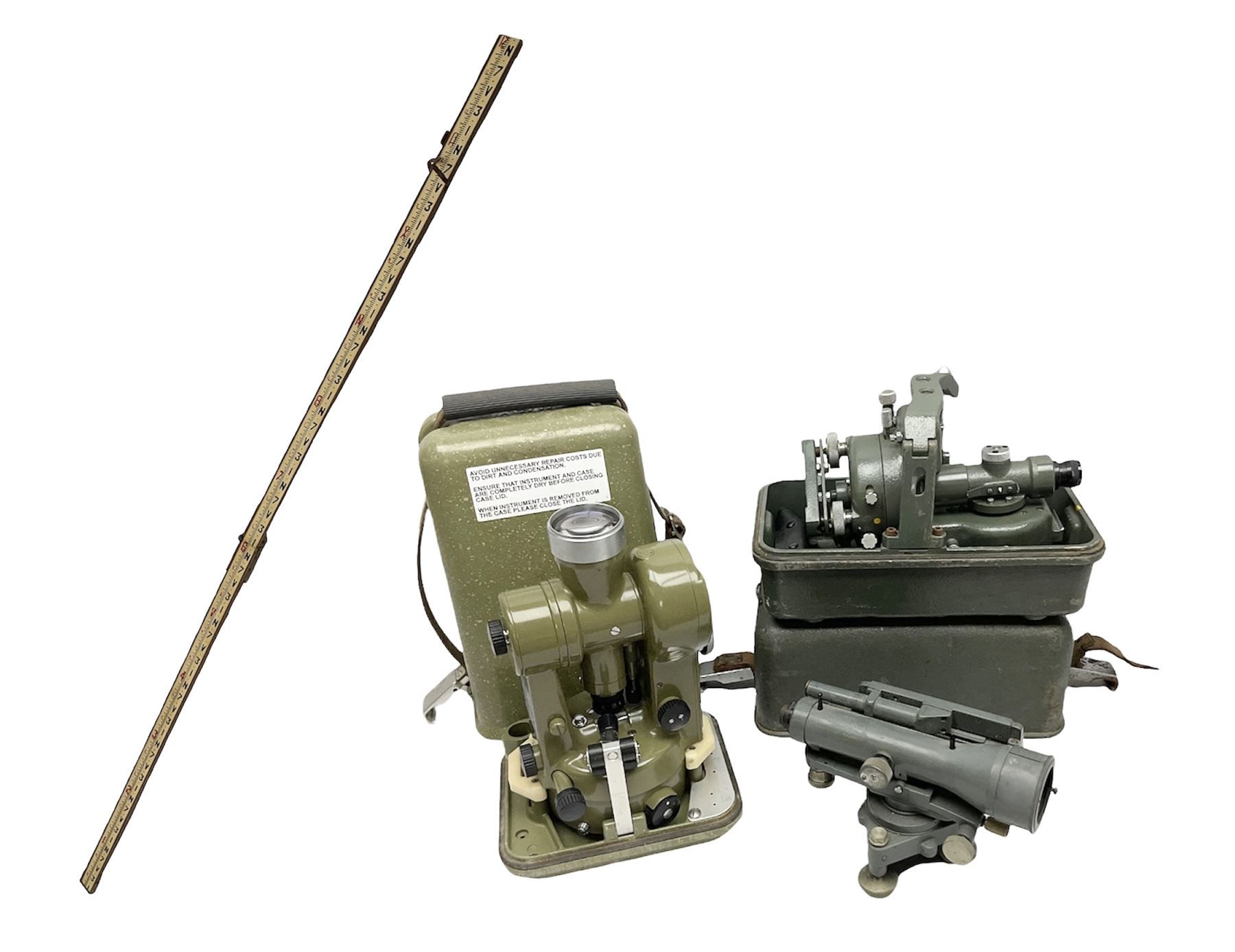 Swiss Kern K1-RA engineer's self-reducing tachymeter theodolite, serial no.197914, with metal cover; Hilger & Watts Ltd. theodolite, serial no.114671, with tool set and metal over; Cooke Troughton & Simms Ltd. tilting level, serial no.SO377O3; uncased; and mahogany hinged  measuring staff (4)