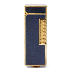 Dunhill - Rollagas lighter, lapis blue lacquer and gilt metal, with ribbed thumbpiece, H6.5cm 