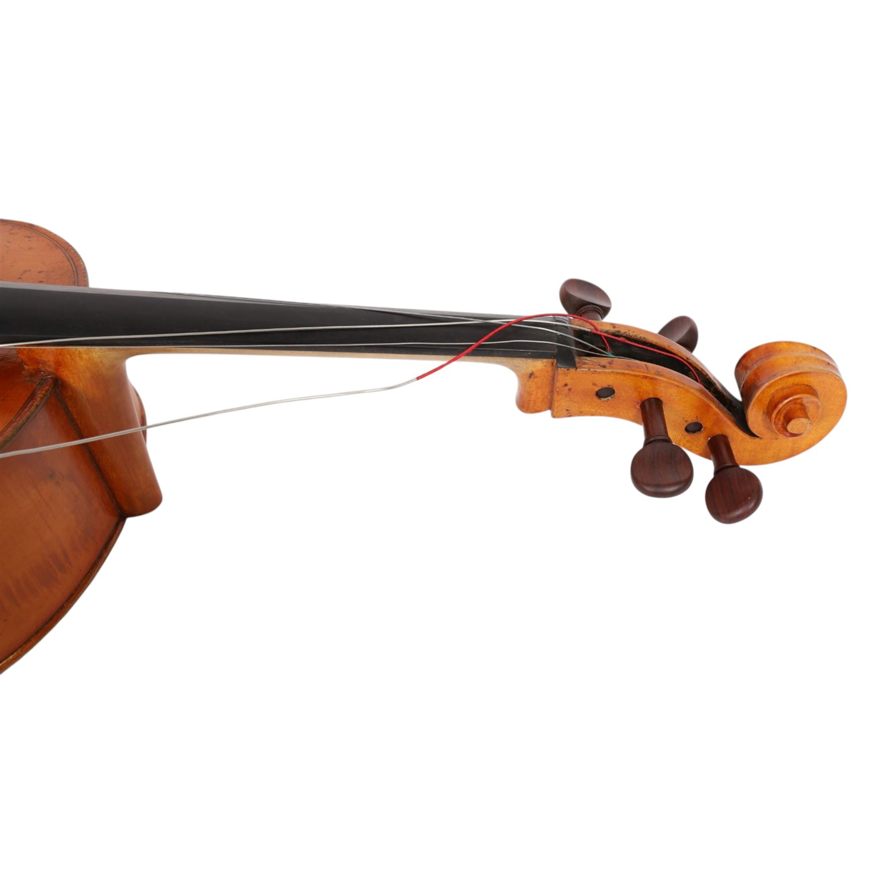 19th century cello, with two piece back and ebonised finger board, contained within a hardcase, cello back length 75cm