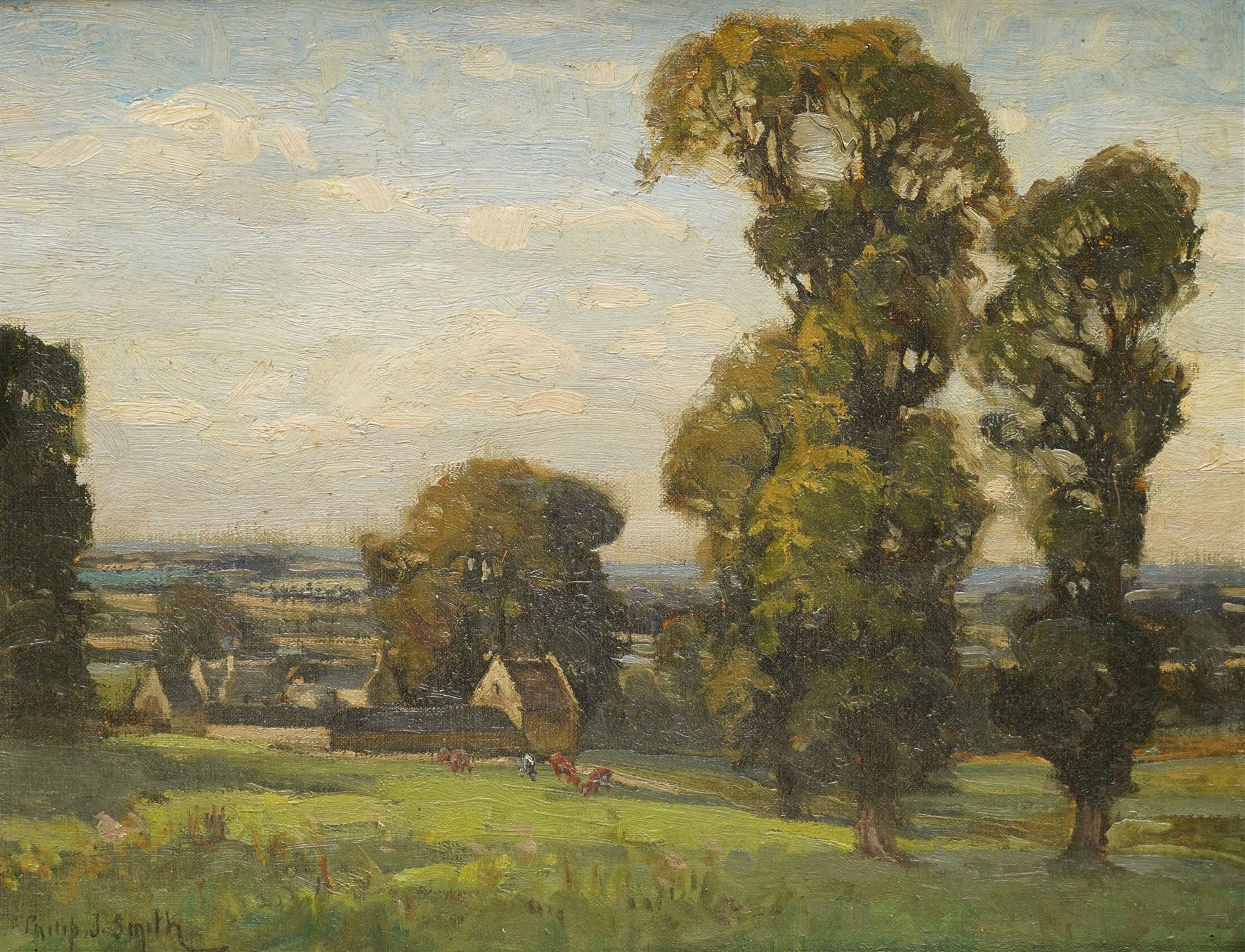 Philip J Smith (British fl.1912-1932): Cattle Grazing in Pasture, oil on board signed 29cm x 38cm