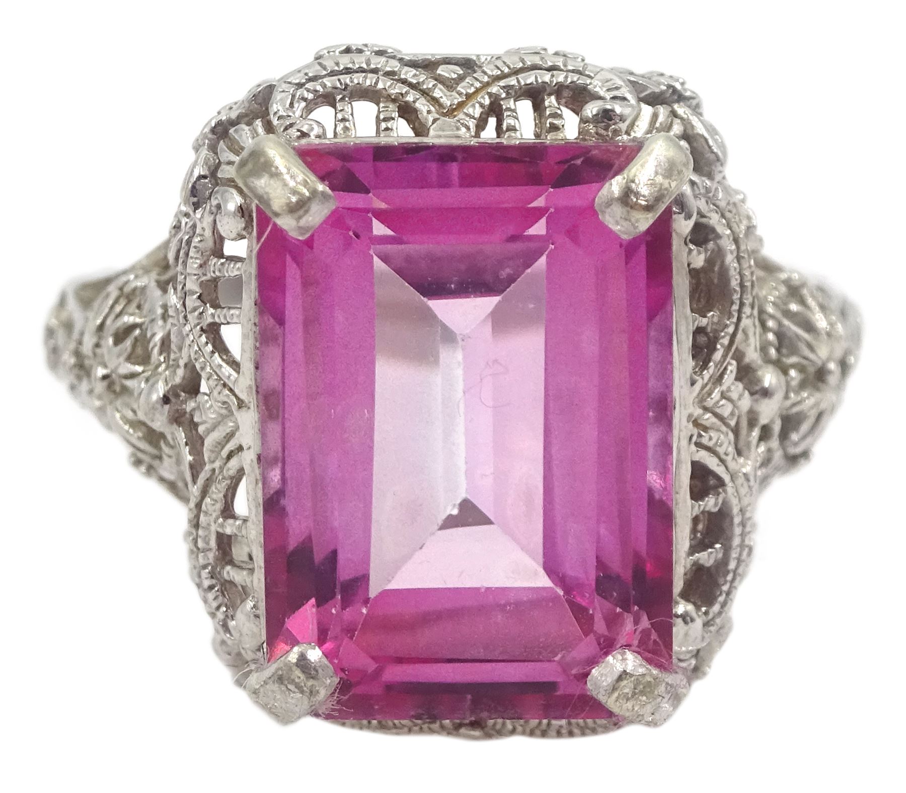 9ct white gold filigree set, emerald cut pink topaz dress ring, hallmarked