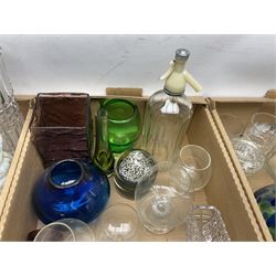 Large collection of glassware to include Schweppes soda syphon, Murano, vases, drinking glasses, coloured glass, cranberry etc in seven boxes