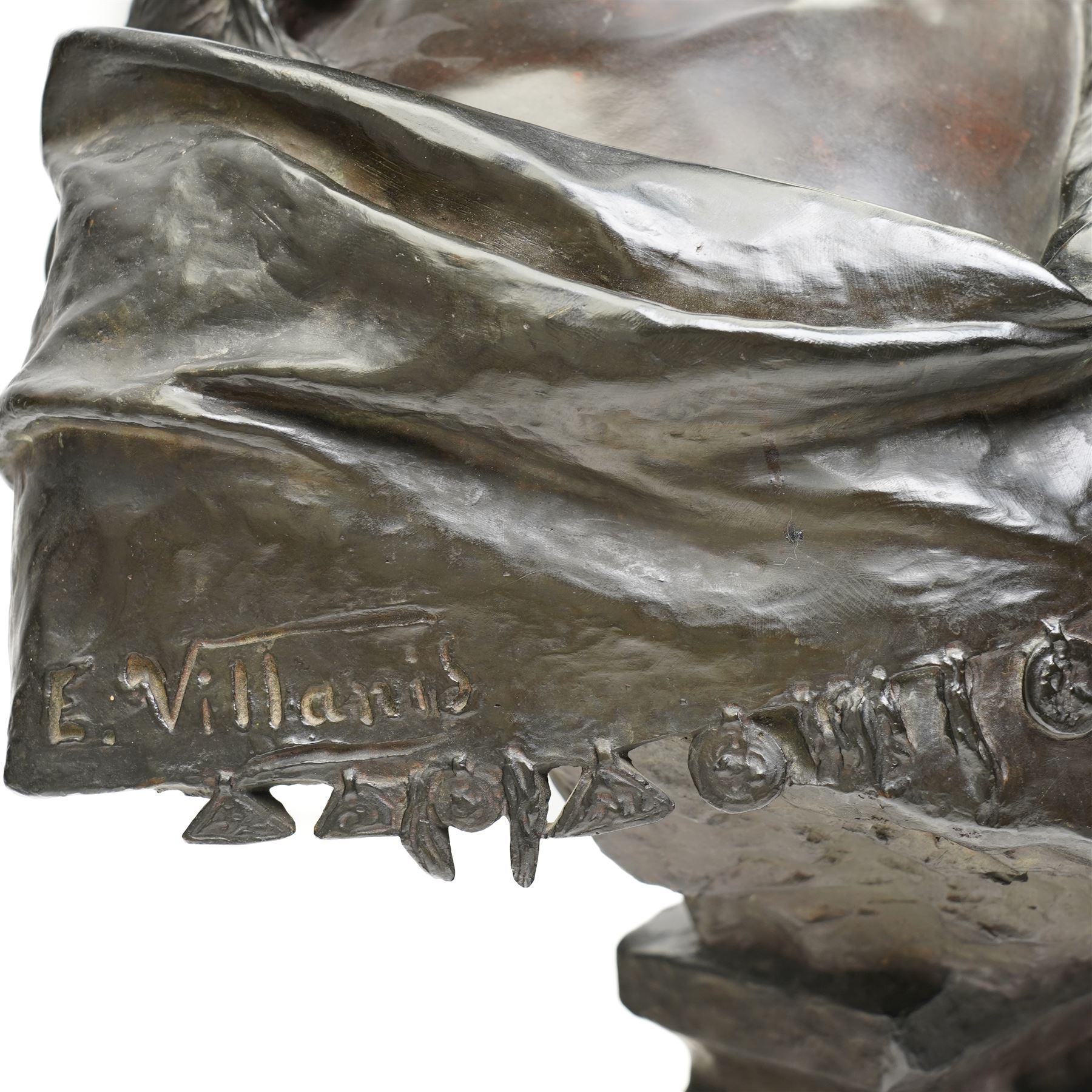 Emmanuele Villanis (French 1858-1914): Large Art Nouveau bronze bust 'La Sibylle' circa 1900, titled on the integral socle base and signed 'E.Villanis' in cast with 'Societe Des Bronzes De Paris' inset foundry mark and 'J.P 2888', H72cm
Notes: La Sibylle evokes the prophetic priestesses of classical antiquity, recalling the Cumaean Sibyl consulted by Aeneas in Virgil’s Aeneid